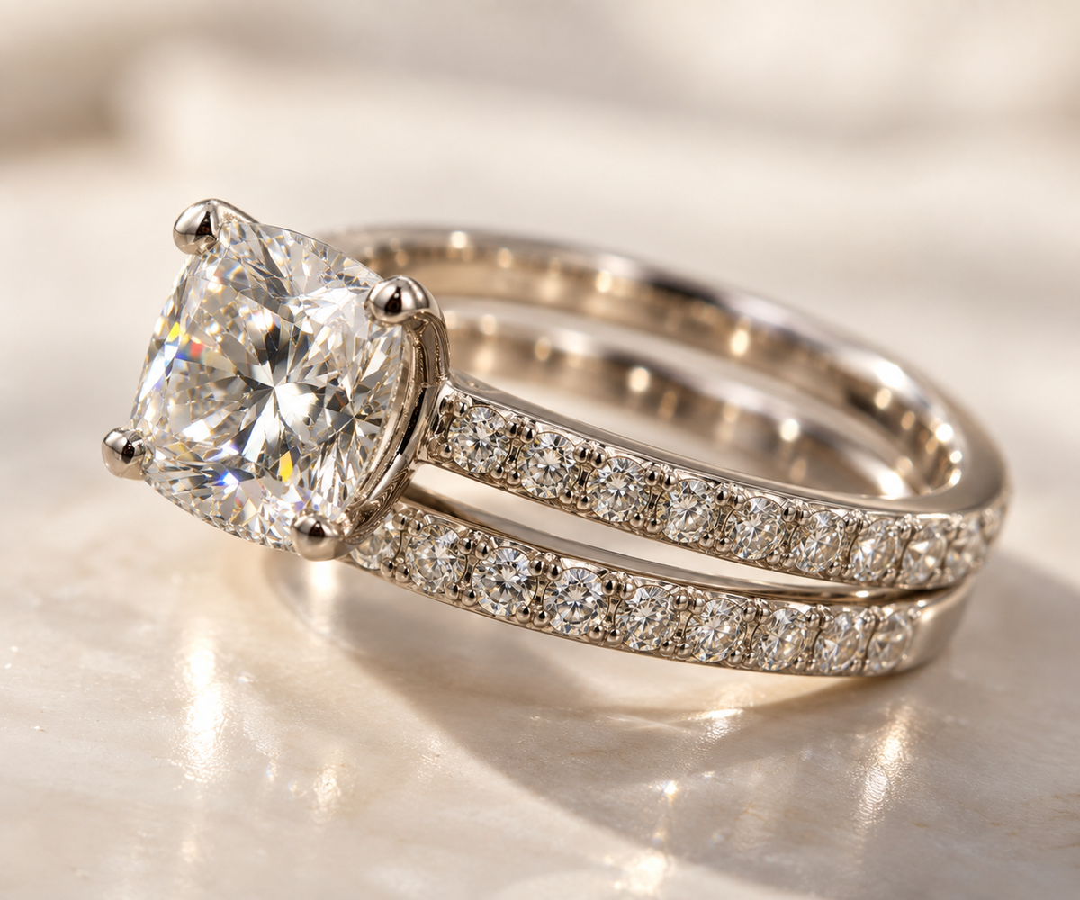 Ladies Tiffany 950 Platinum Cushion-Cut Diamond Engagement Set, photo 6