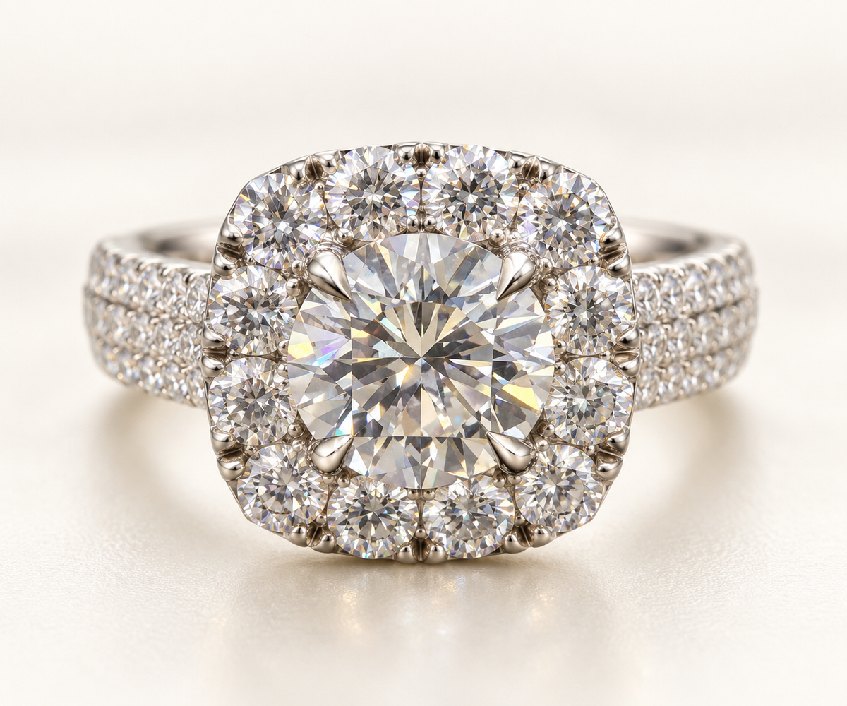 18KT solid white gold Cushion Halo Round Diamond Engagement Ring Triple Pavé Band