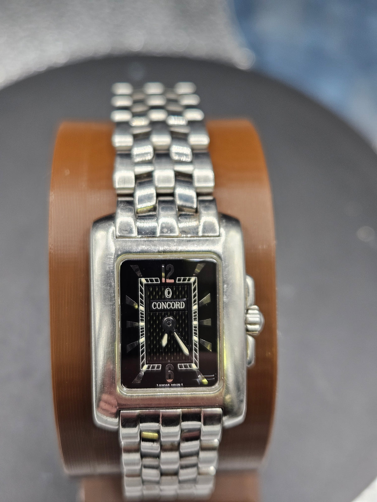 Vintage Concord Sportivo black dial rectangle quartz diamond watch with stainless steel bracelet