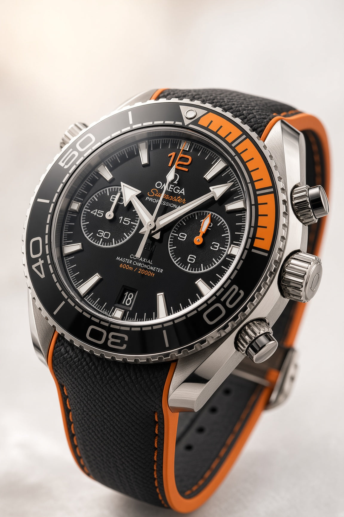 Omega Seamaster Planet Ocean 600M Co-Axial Master Chronometer Chronograph 45.5mm – Black Dial, Orange Accent, Rubber Strap