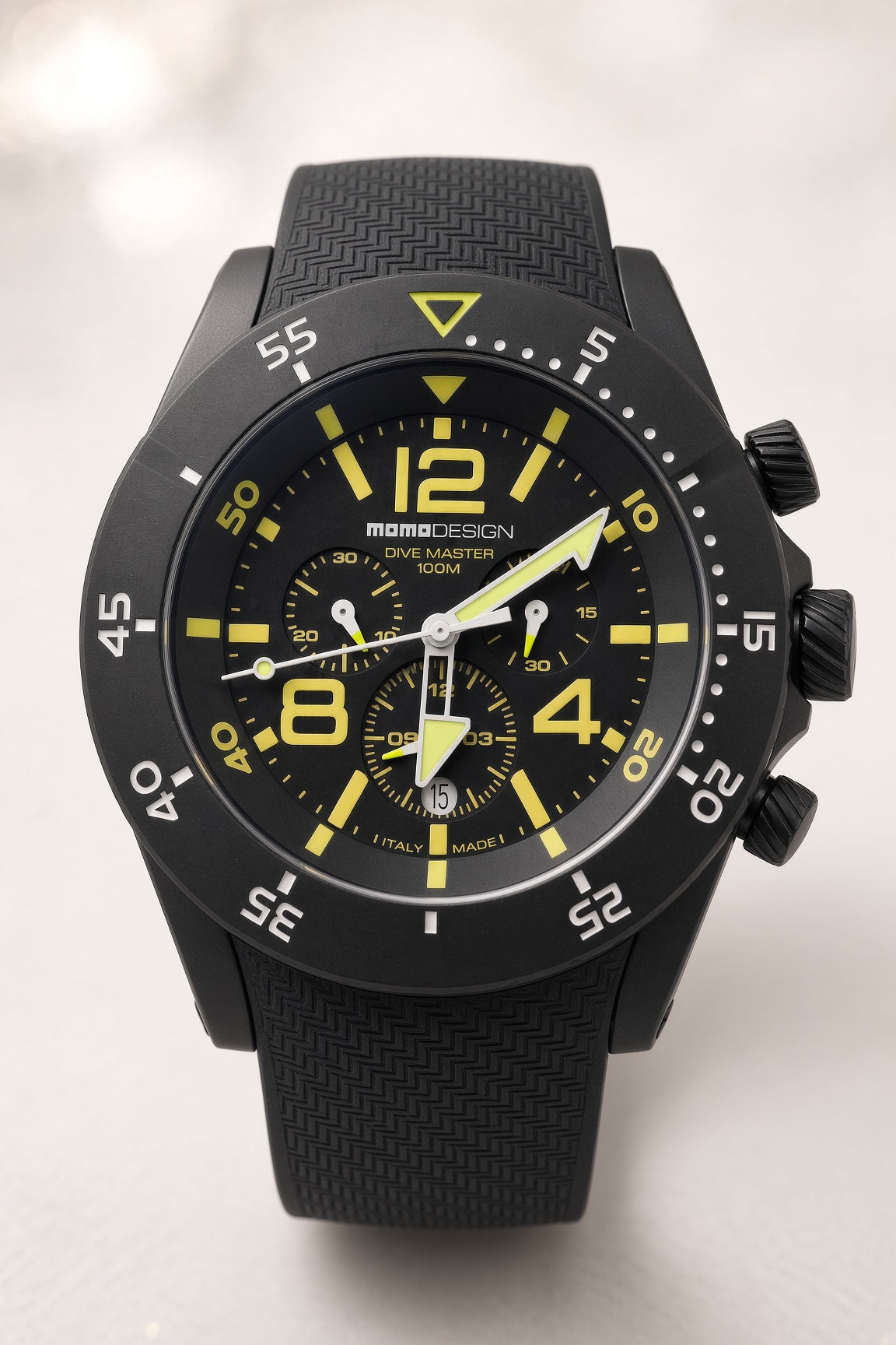 MOMODESIGN Dive Master 100M Chronograph – Black PVD, Yellow Accents, Rubber Strap, photo 3
