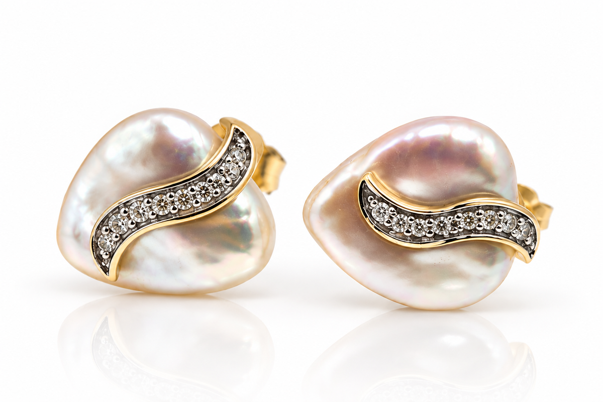 14K Yellow Gold Mother-of-Pearl Heart & Diamond Stud Earrings