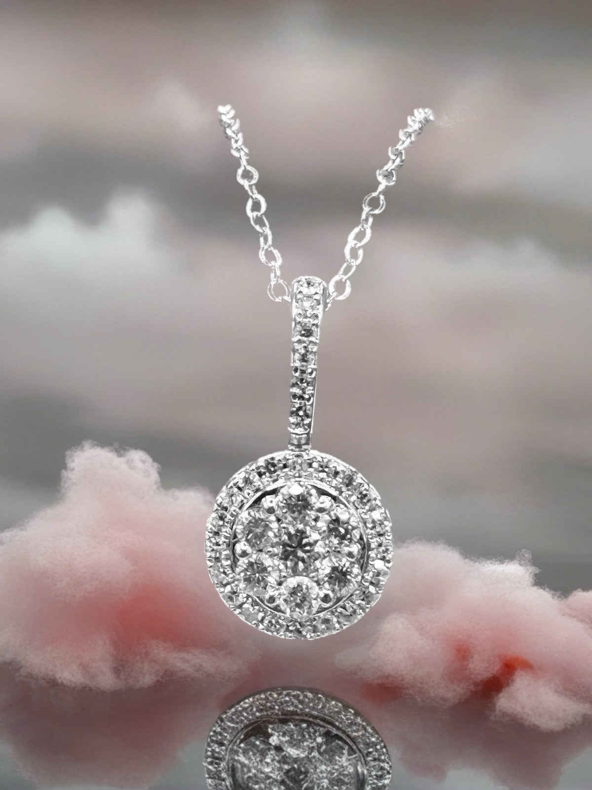 14kt solid white gold, ladies diamond cluster pendant with diamond halo and diamond bale, hanging from a 16’’ pendant chain