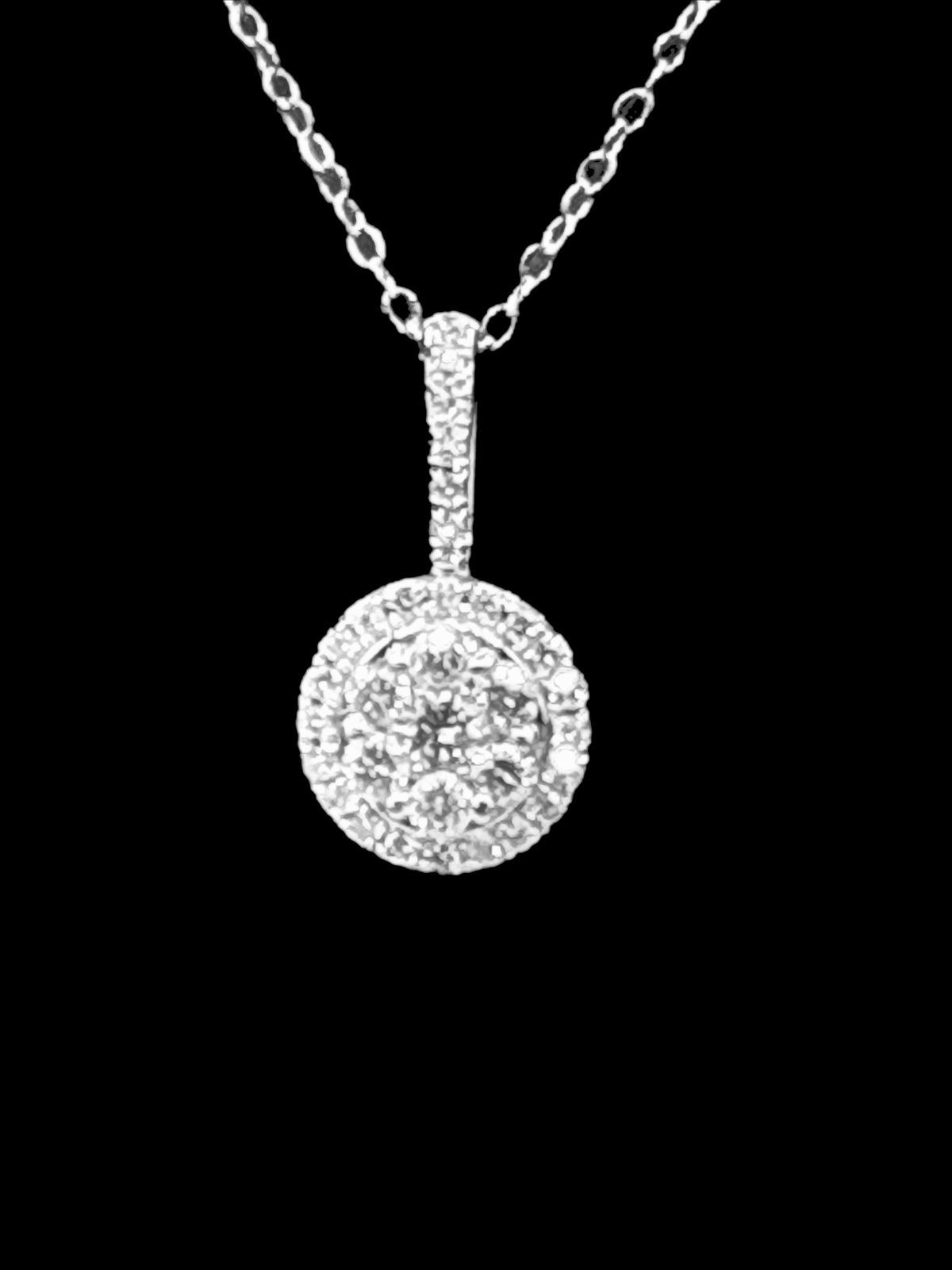 14kt solid white gold, ladies diamond cluster pendant with diamond halo and diamond bale, hanging from a 16’’ pendant chain