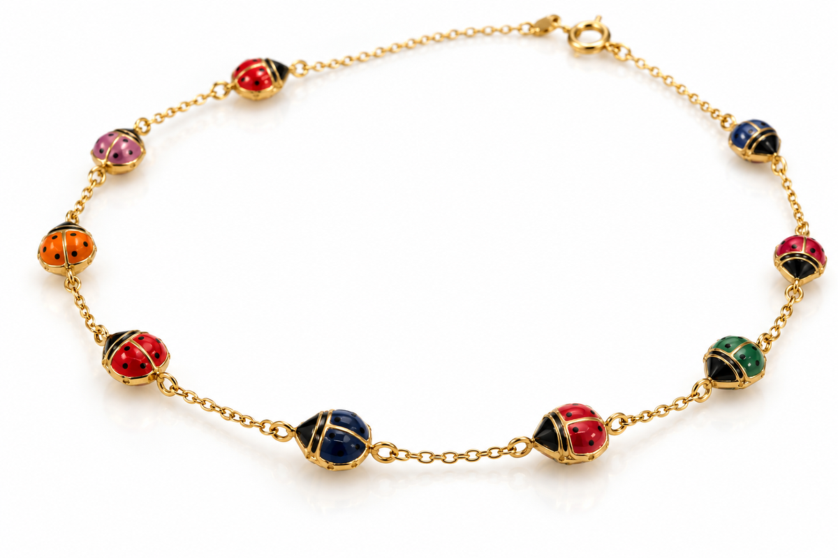 Ladies 14K Solid Yellow Gold Multicolored Enamel Ladybug Necklace