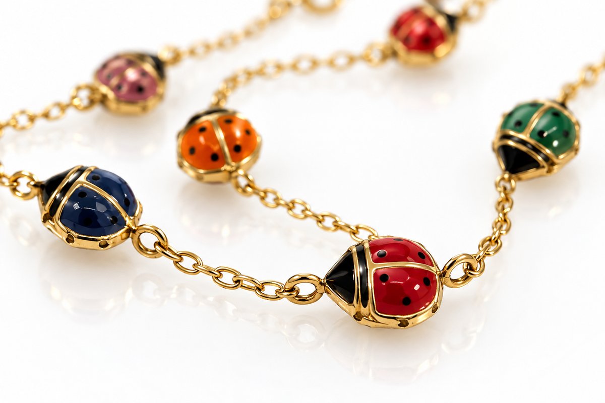 Ladies 14K Solid Yellow Gold Multicolored Enamel Ladybug Necklace