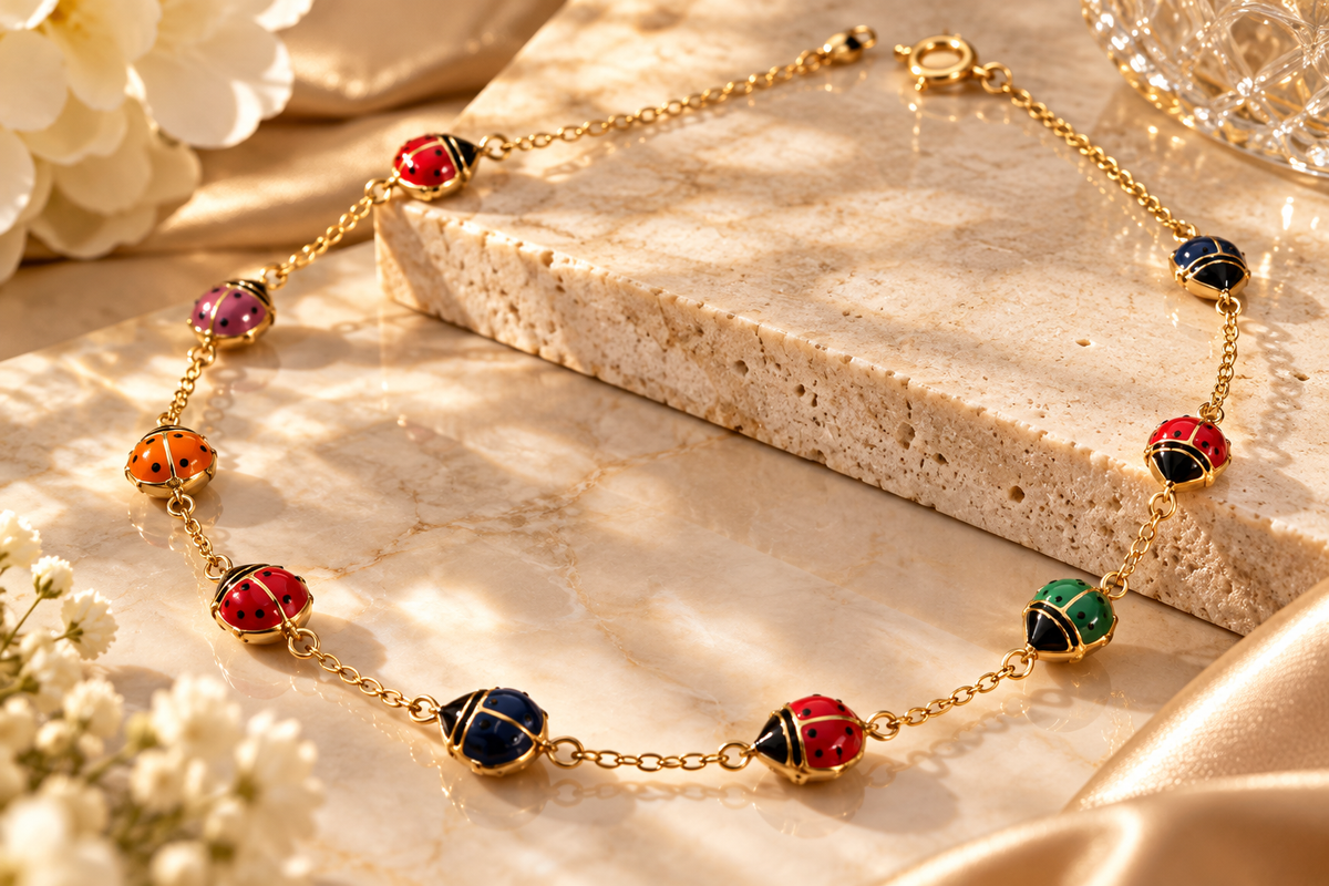 Ladies 14K Solid Yellow Gold Multicolored Enamel Ladybug Necklace