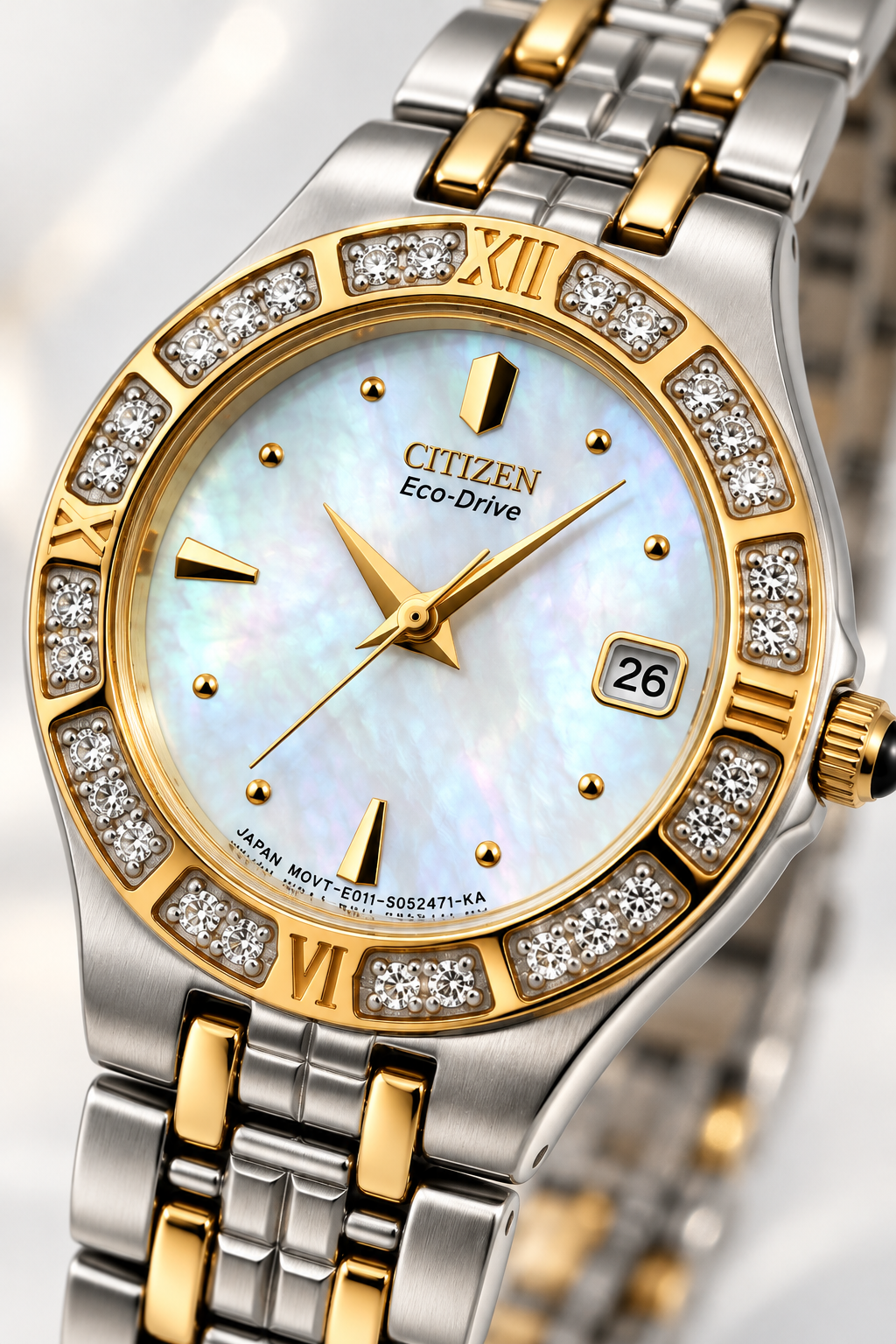 Citizen Eco-Drive two-tone stainless steel women watch with diamond accented bezel and mother of pearl dial, photo 2