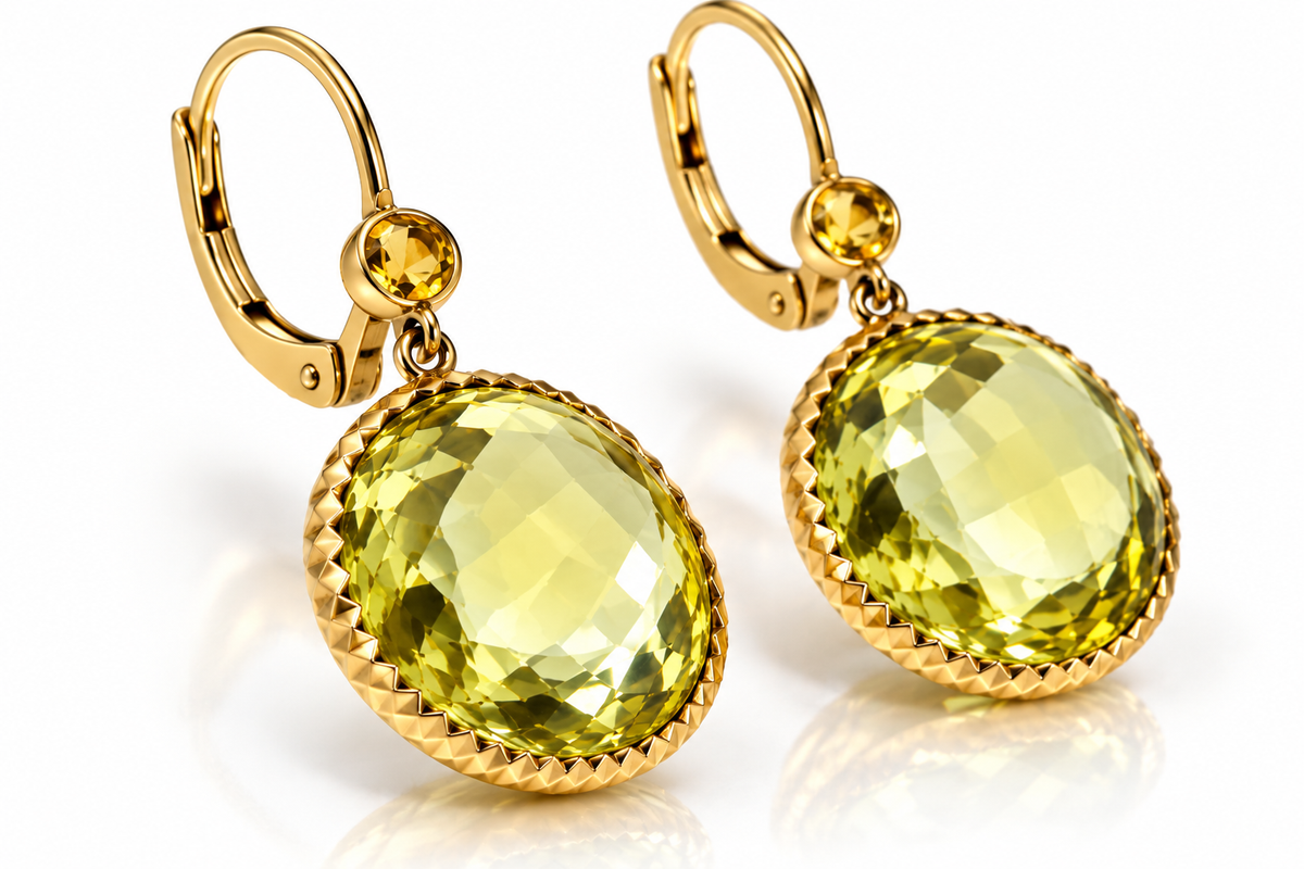14K Solid Yellow Gold Checkerboard-Cut Yellow Citrine Dangle Earrings