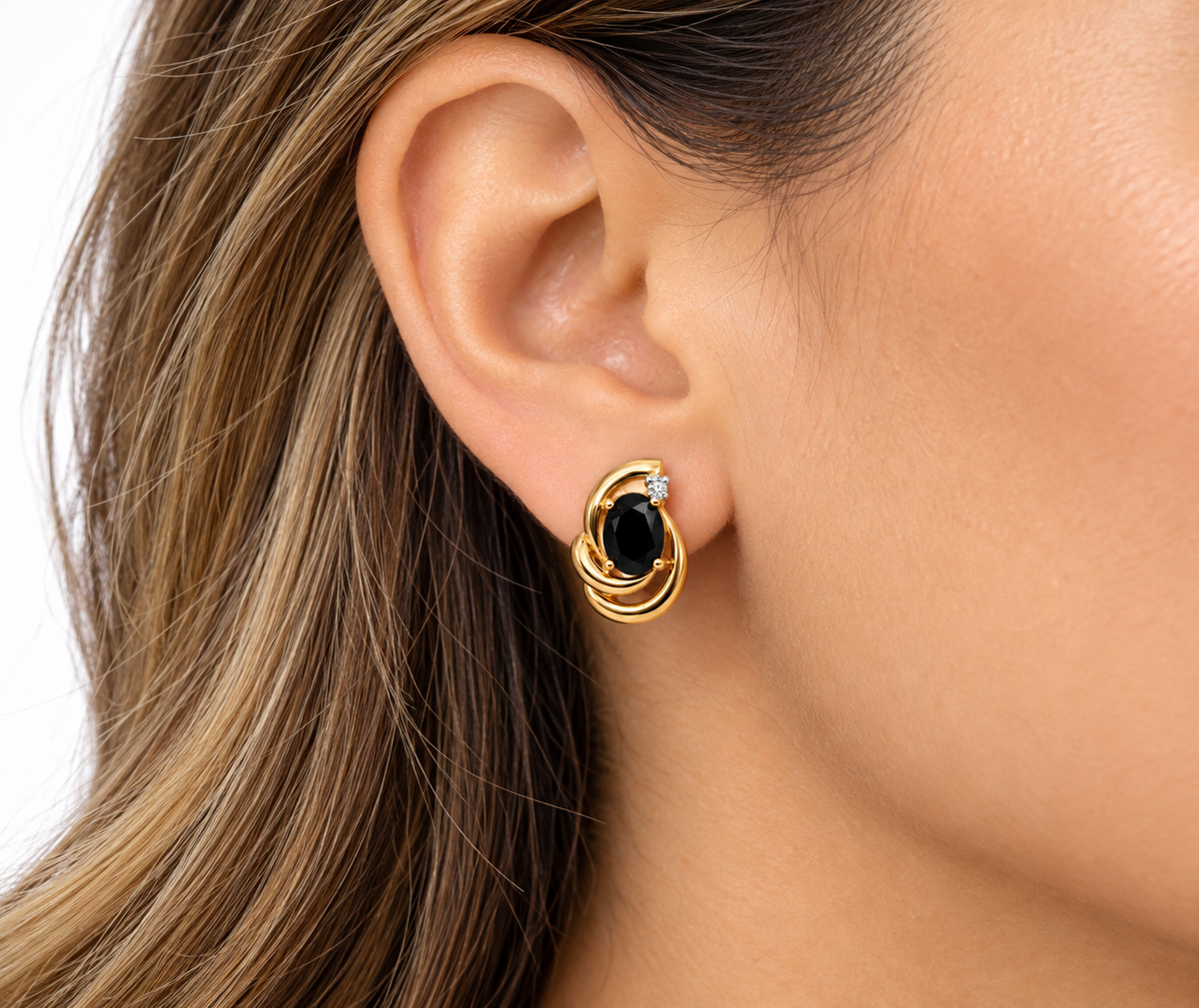 Ladies 14K Yellow Gold Oval Blue Sapphire & Diamond Swirl Stud Earrings