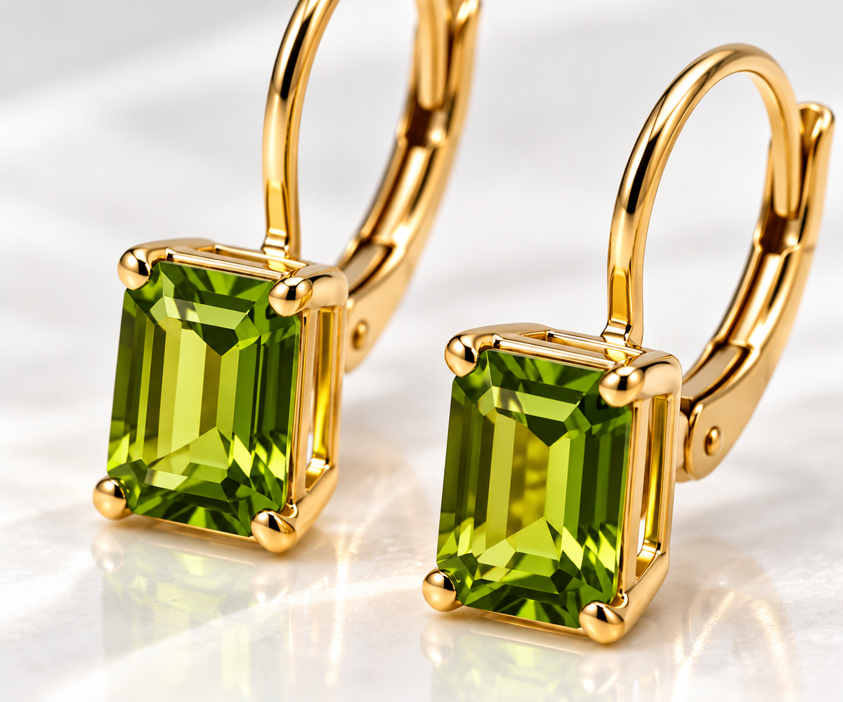 Ladies 14K Solid Yellow Gold Emerald-Cut Peridot Dangle Earrings – 2.00 CTW