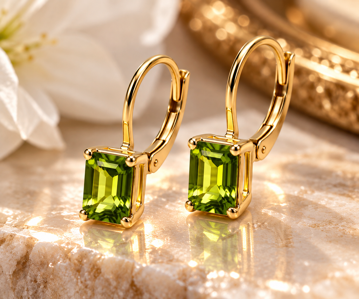 Ladies 14K Solid Yellow Gold Emerald-Cut Peridot Dangle Earrings – 2.00 CTW