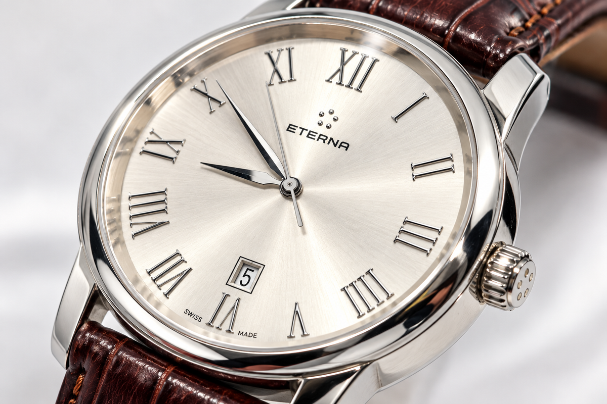 Vintage Eterna Soleure Heritage Date Men's Swiss Watch – Silver Dial & Brown Leather Strap