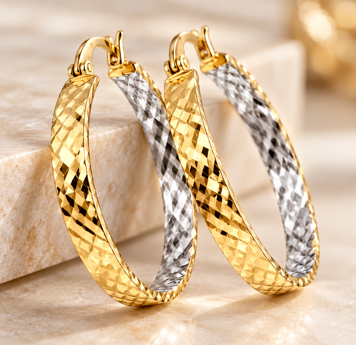 Italian 14K Solid Yellow Gold Two-Tone Diamond-Cut Hoop Earrings