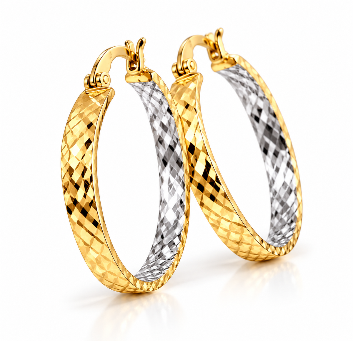 Italian 14K Solid Yellow Gold Two-Tone Diamond-Cut Hoop Earrings
