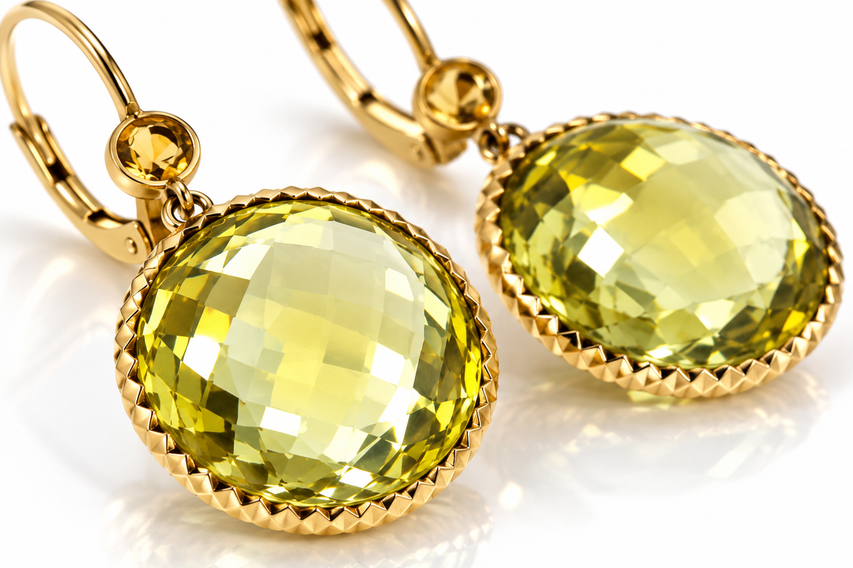 14K Solid Yellow Gold Checkerboard-Cut Yellow Citrine Dangle Earrings