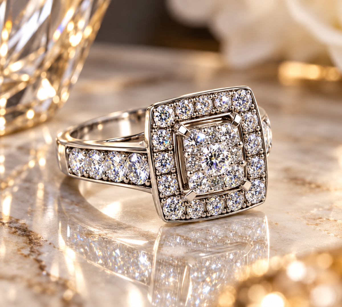 14K White Gold Diamond Halo Cluster Ring – 3.50 CTW