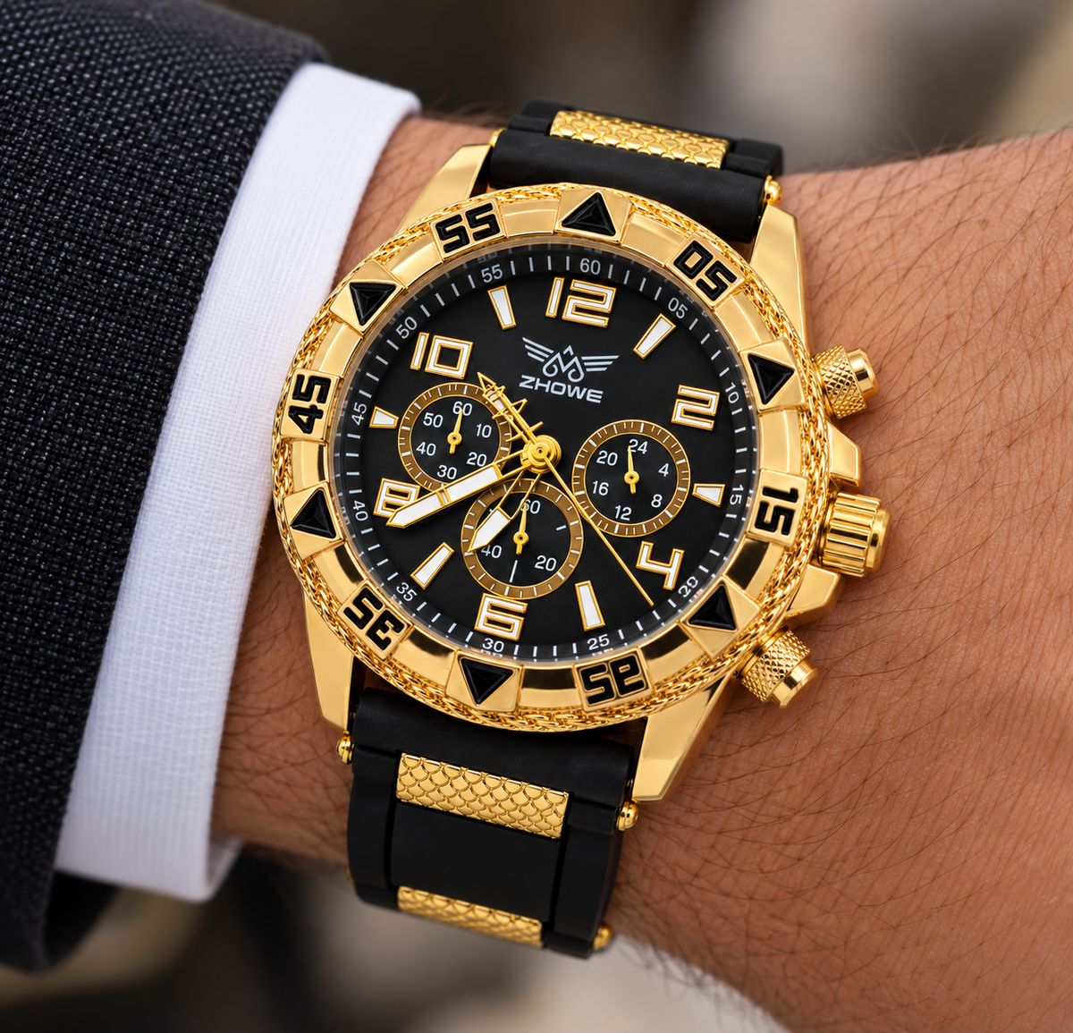 ZHOWE Men's Gold-Tone Black Dial Chronograph-Style Watch