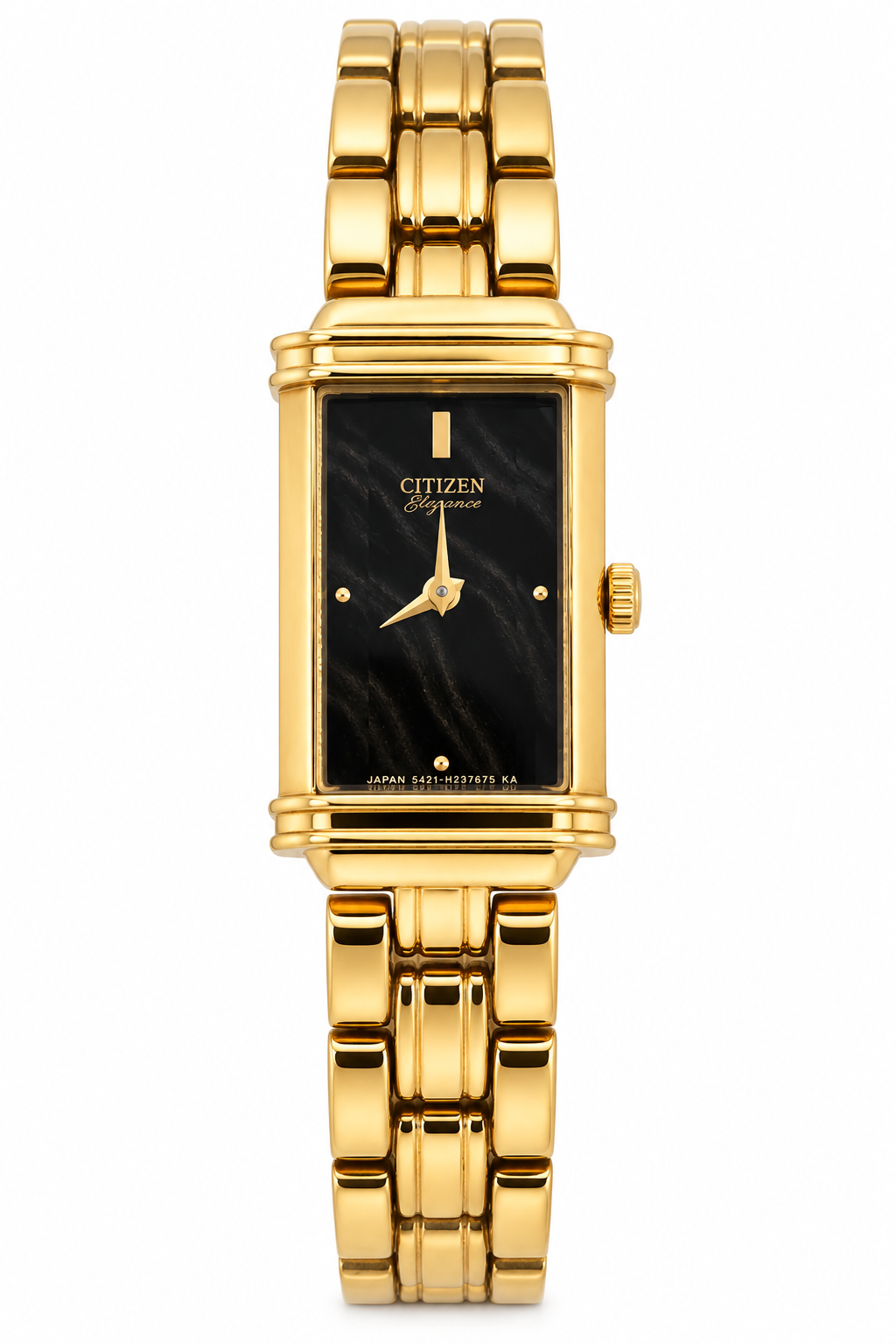Vintage Citizens Elegance women's tank watch featuring a gold-tone bracelet and a beveled crystal