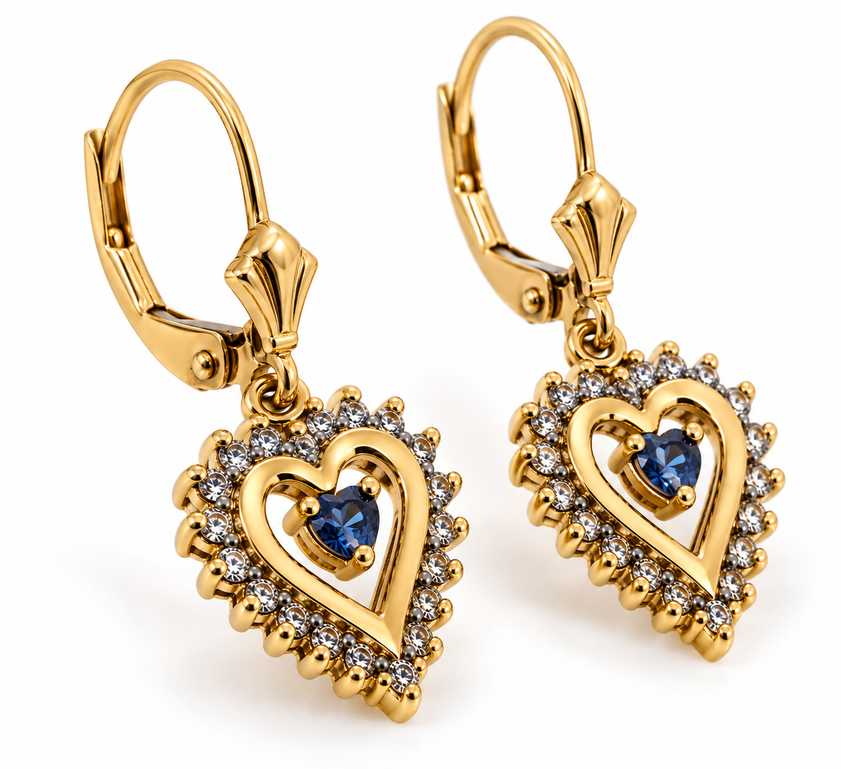 14K Solid Yellow Gold Diamond Heart Drop Earrings with Floating Blue Topaz