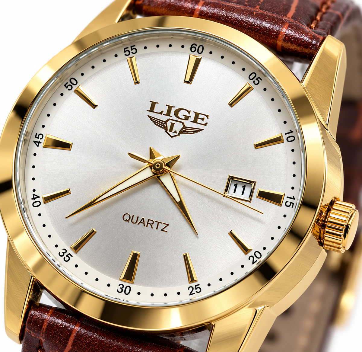 LIGE Men's Gold-Tone Quartz Watch with Silver Dial & Brown Leather Strap