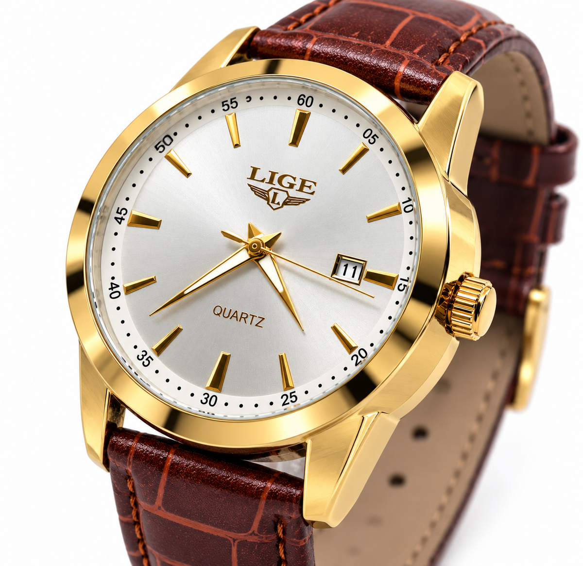 LIGE Men's Gold-Tone Quartz Watch with Silver Dial & Brown Leather Strap