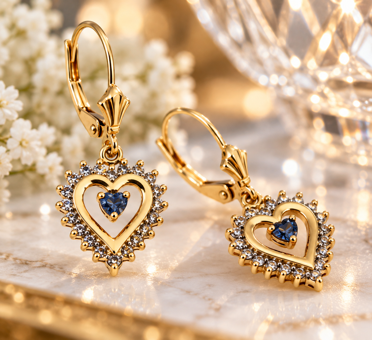 14K Solid Yellow Gold Diamond Heart Drop Earrings with Floating Blue Topaz