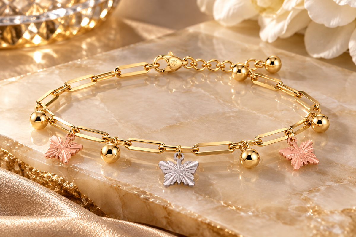 Ladies 14K Tri-Color Gold Butterfly & Gemstone Heart Charm Bracelet – 8" Adjustable