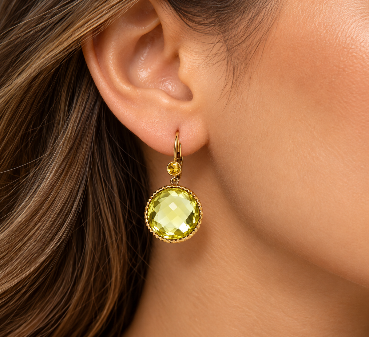 14K Solid Yellow Gold Checkerboard-Cut Yellow Citrine Dangle Earrings
