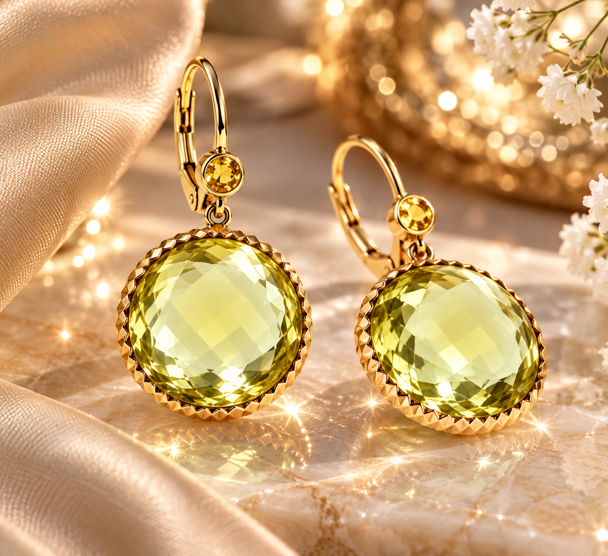 14K Solid Yellow Gold Checkerboard-Cut Yellow Citrine Dangle Earrings
