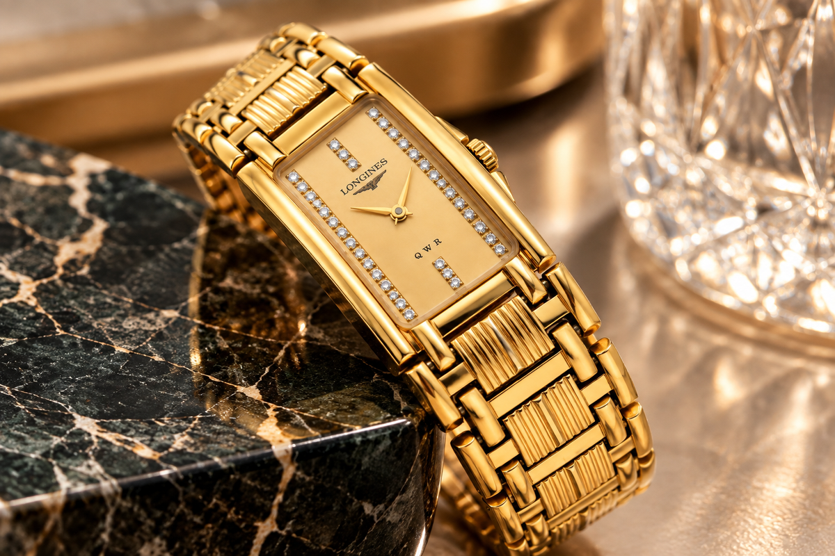 Longines Gold Diamond Dial Rectangular Watch