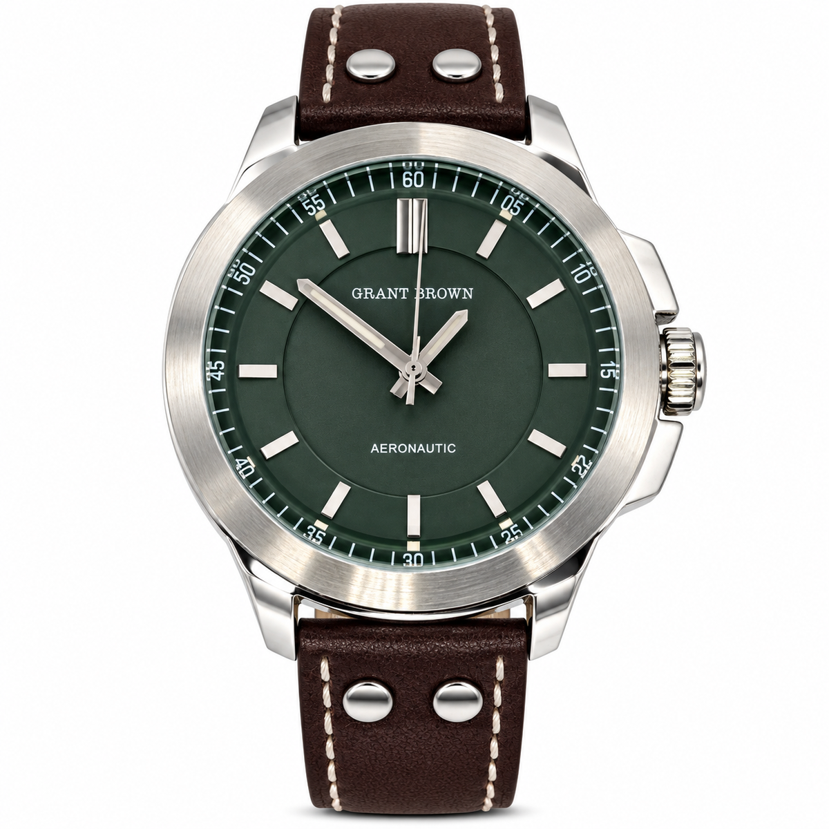 Grant Brown Aeronautic, quartz movement, a stainless steel case, and a genuine leather strap