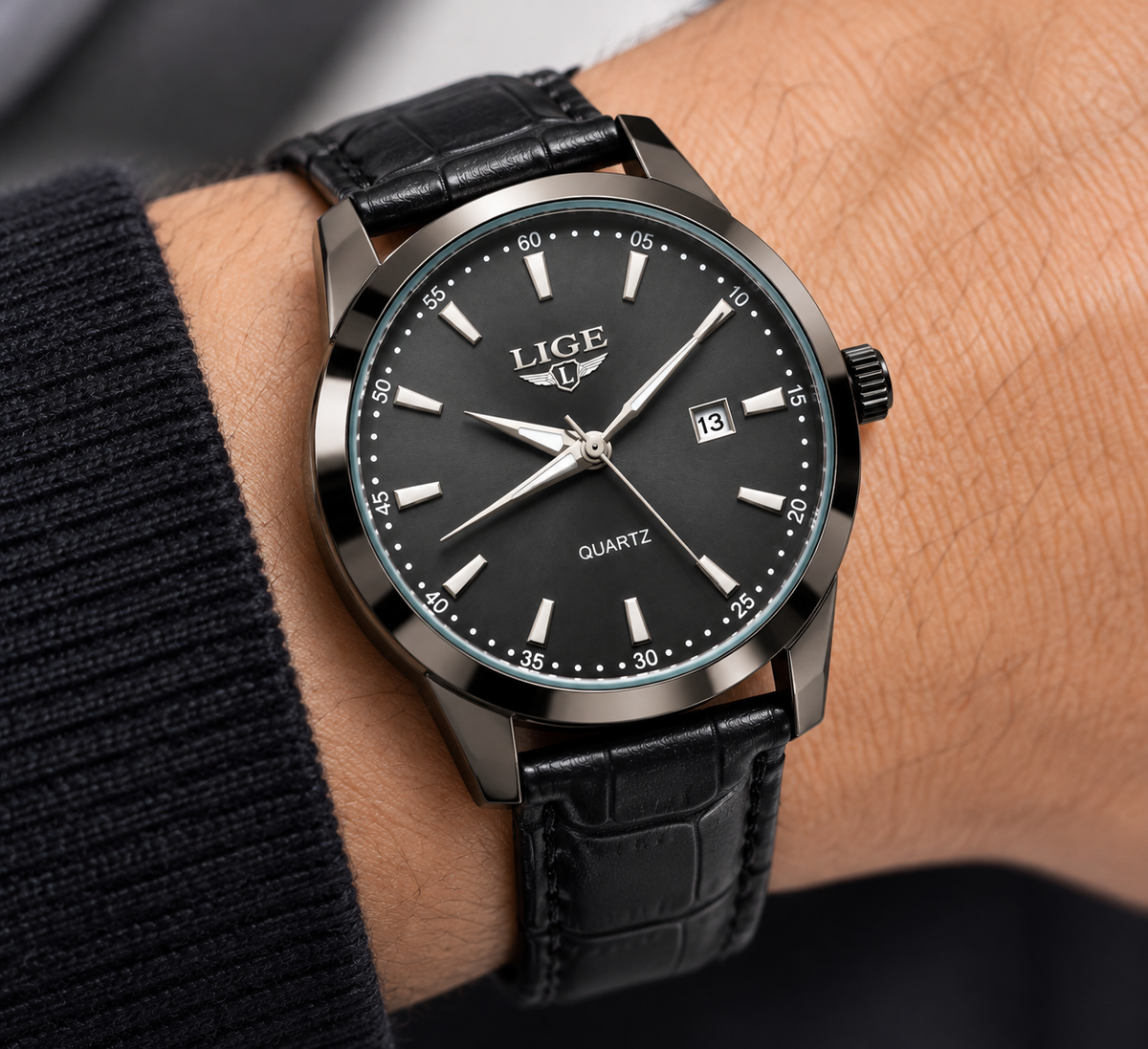 LIGE Men's Black Gunmetal Quartz Watch with Black Leather Strap
