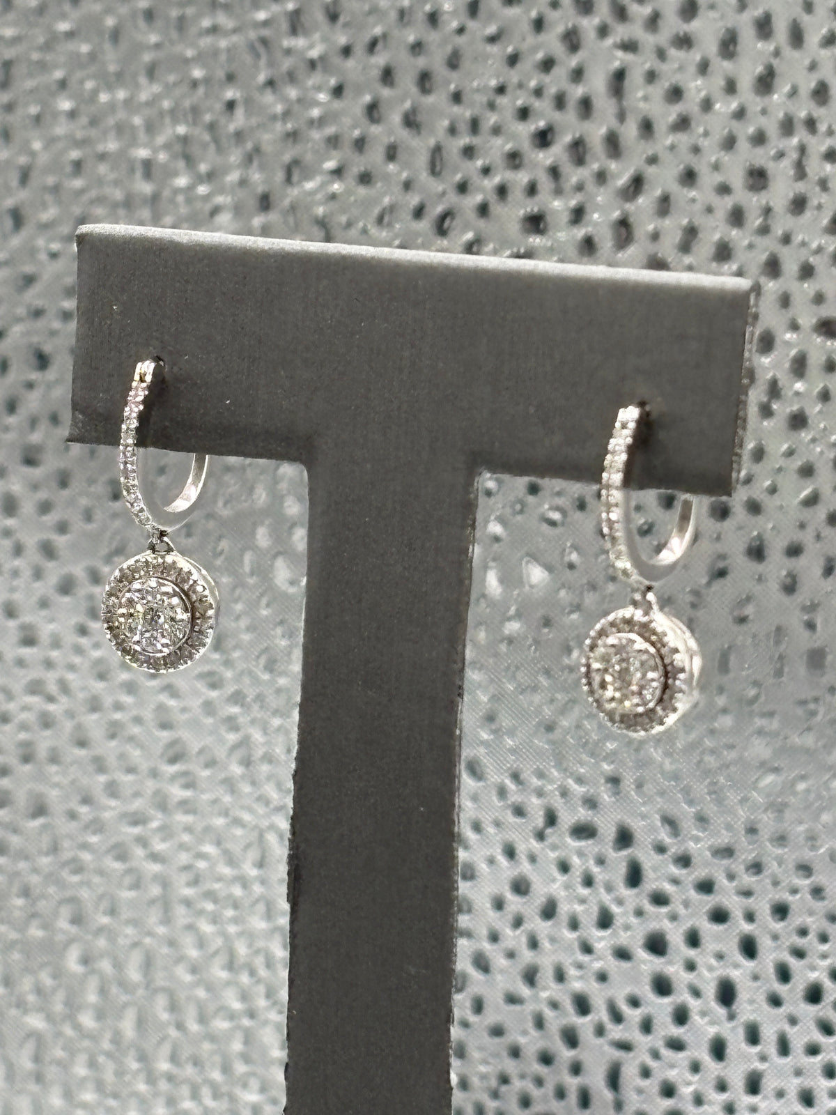 View two of Ladies 14 Karat White Gold Dangling Diamond Halo Earrings