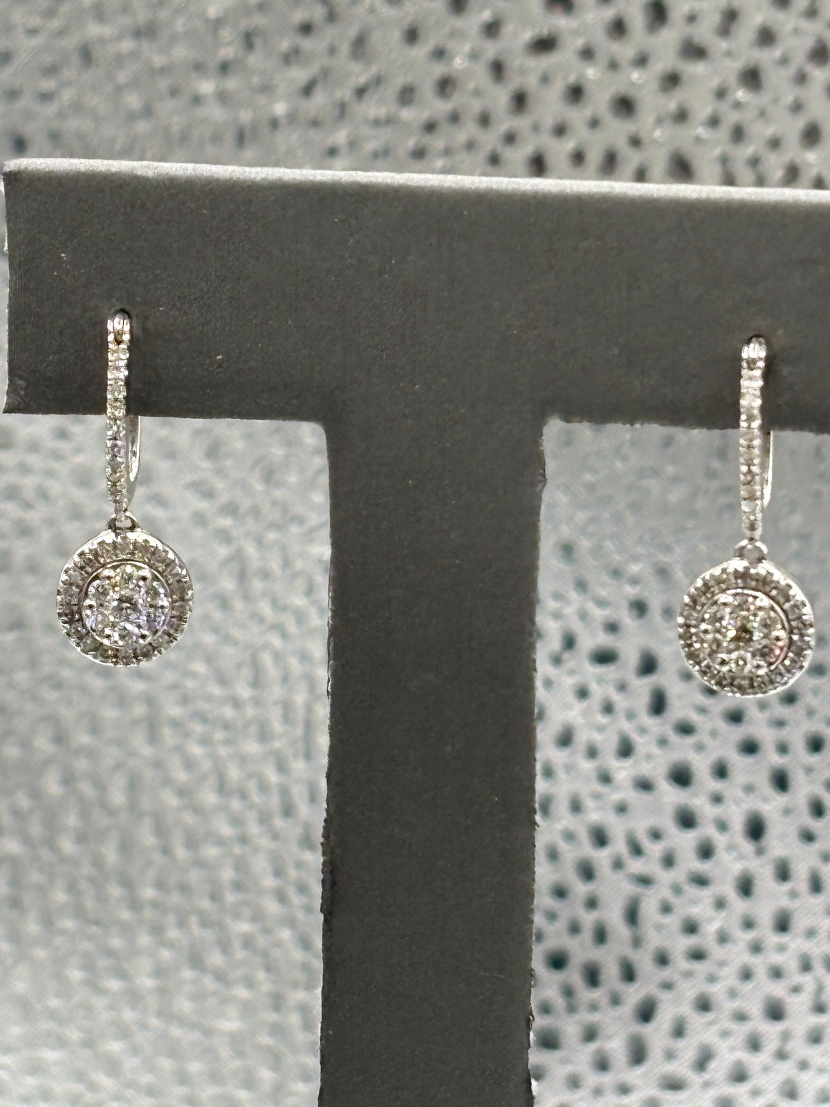 View three of Ladies 14 Karat White Gold Dangling Diamond Halo Earrings