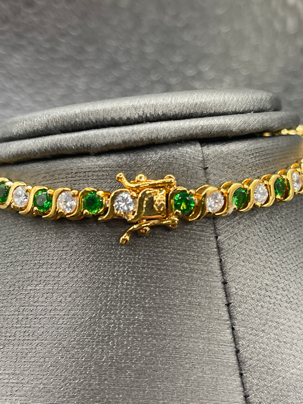 Ladies Gold Plated Sterling Silver Emerald and Diamond CZ Tennis Bracelet