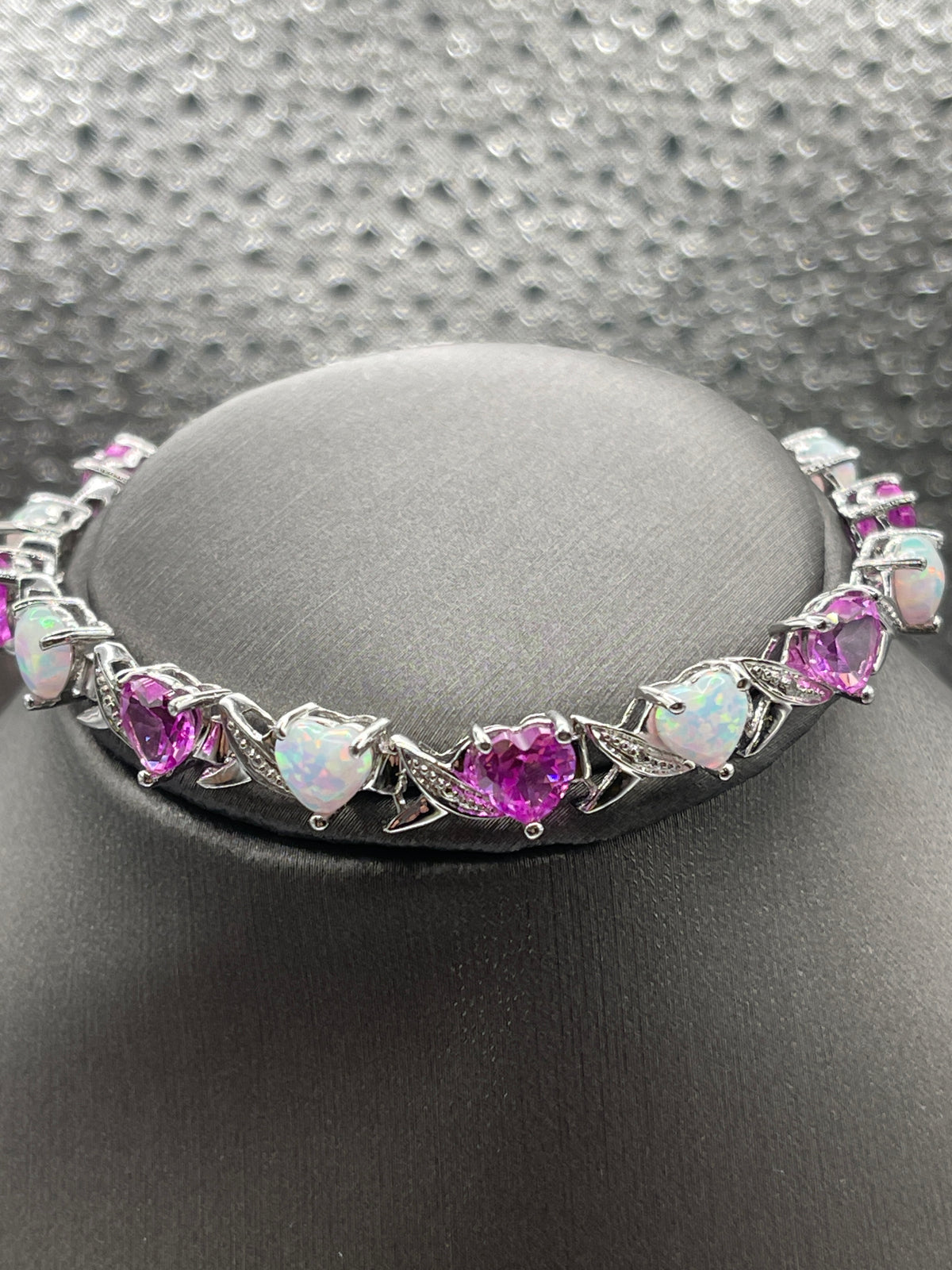 Sterling Silver Bracelet with Opal and Pink Heart Shaped Stones