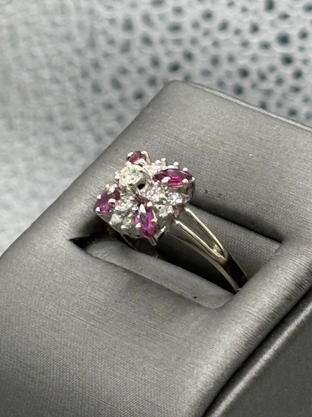 View one of Ladies 14 Karat White Gold Ruby & Diamond Starburst Ring