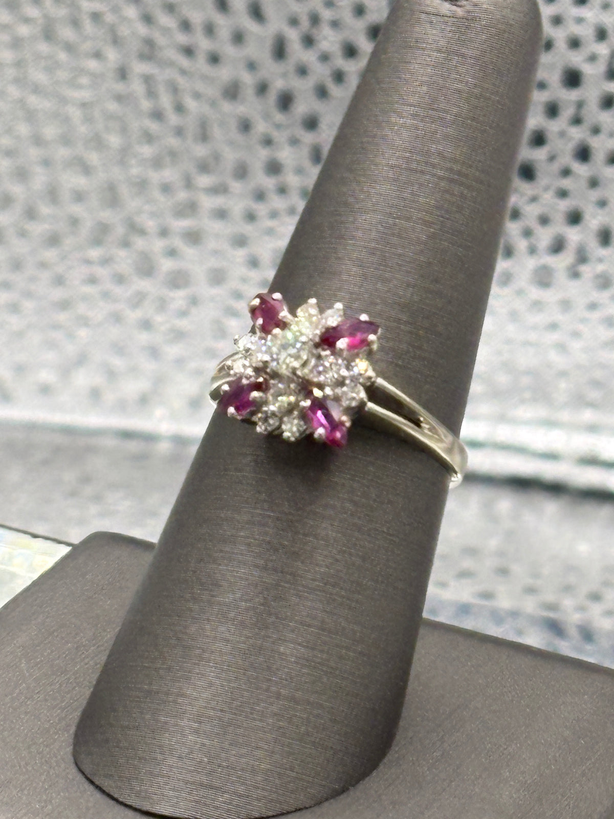 View seven of Ladies 14 Karat White Gold Ruby & Diamond Starburst Ring