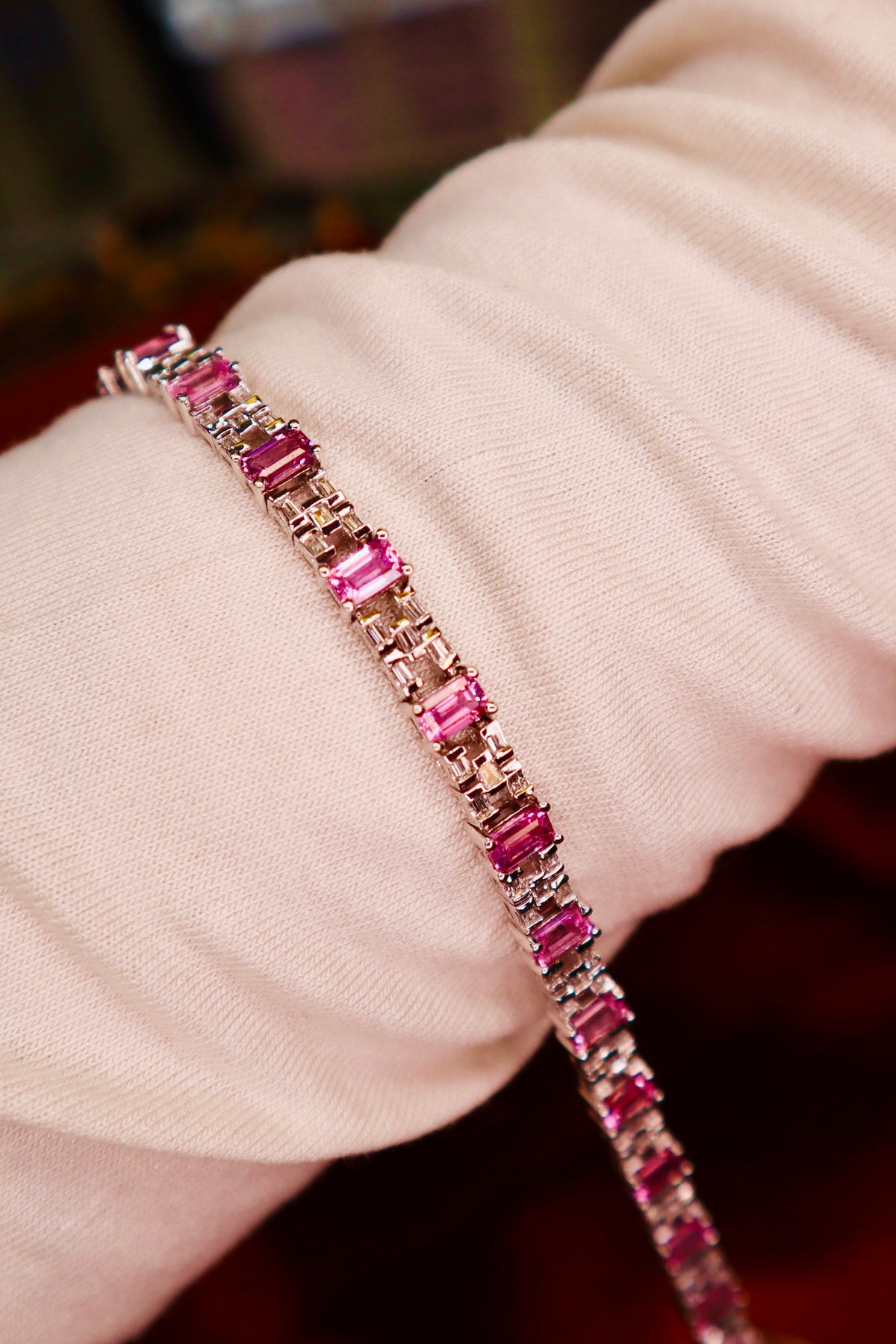 18 Karat White Gold Diamond And Pink Sapphire Bracelet Gorgeous Baguette Diamonds & Emerald Cut Sapphire Bracelet