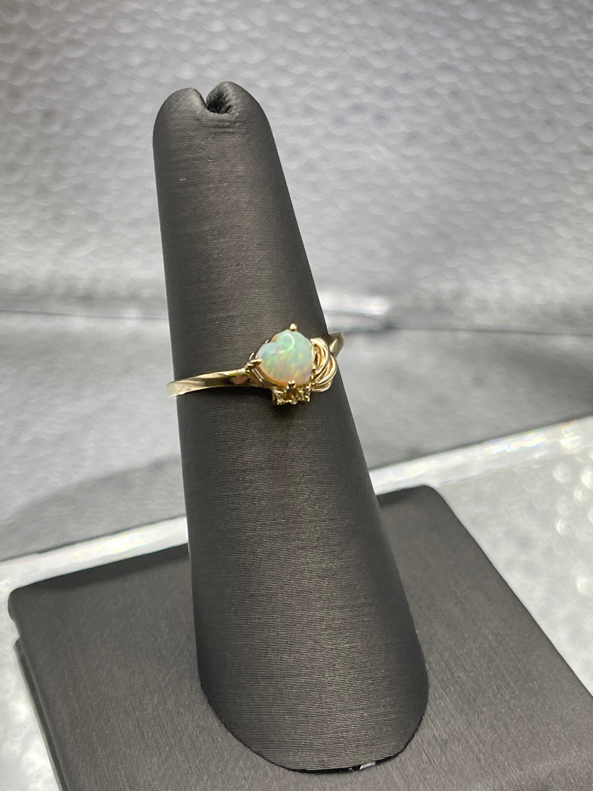 Ladies 14 Karat Yellow Gold Heart Shaped Opal & Diamond Ring