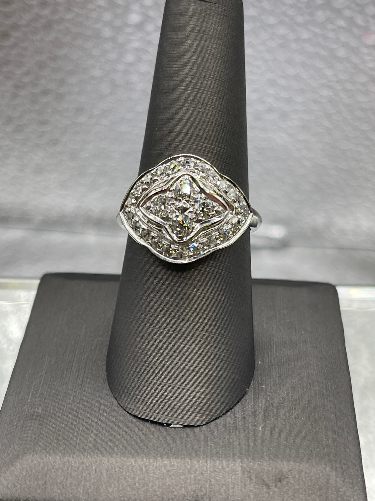 Ladies Antique 14 Karat White Gold Diamond Cluster Cocktail Ring