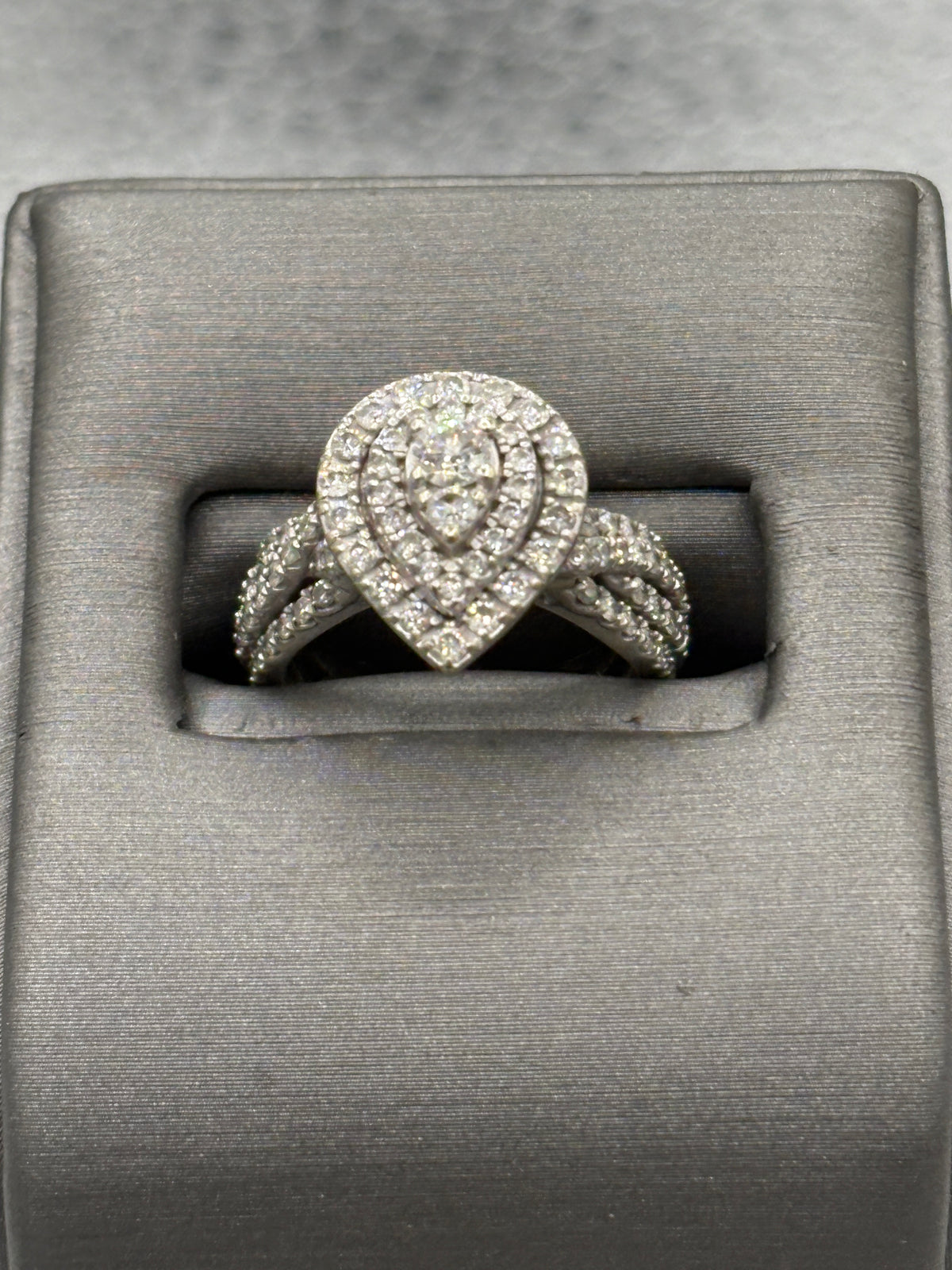 Ladies 14 Karat White Gold Teardrop Triple Diamond Halo Ring