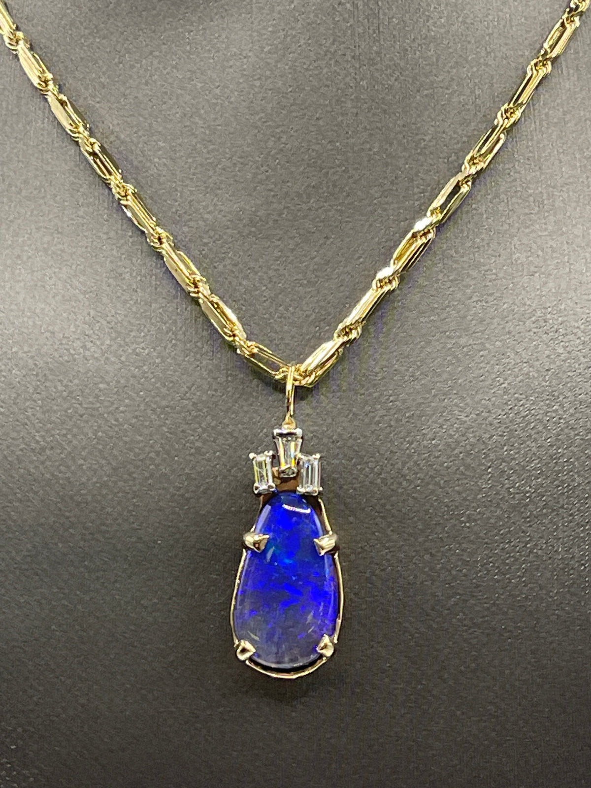 Ladies 14 Karat Yellow Gold Black Opal and Diamond Necklace
