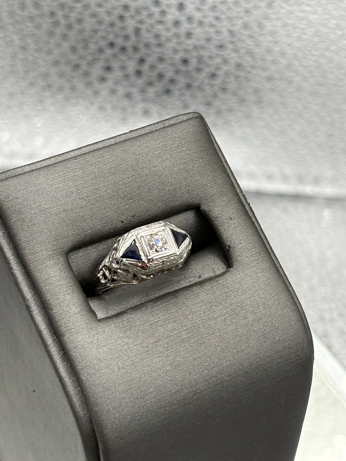 Antique European 20 Karat W/G Filagree Diamond & Sapphire Ring