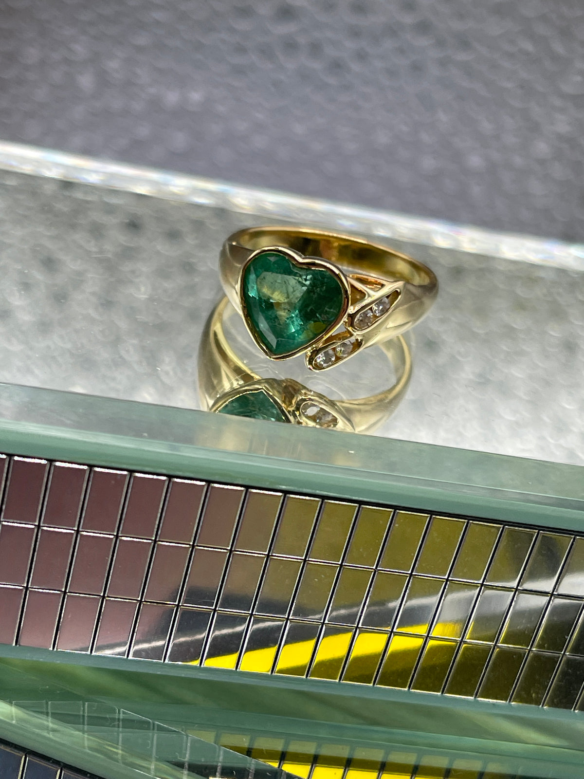 18 Karat Yellow Gold Heart Shaped Emerald and Diamond Ring