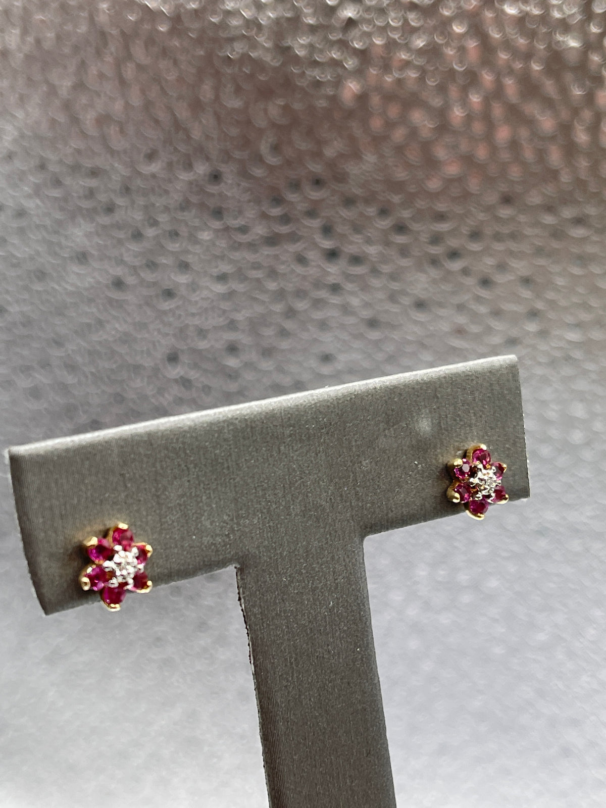 Ladies 14 Karat Gold Ruby and Diamond Floral Stud Earrings