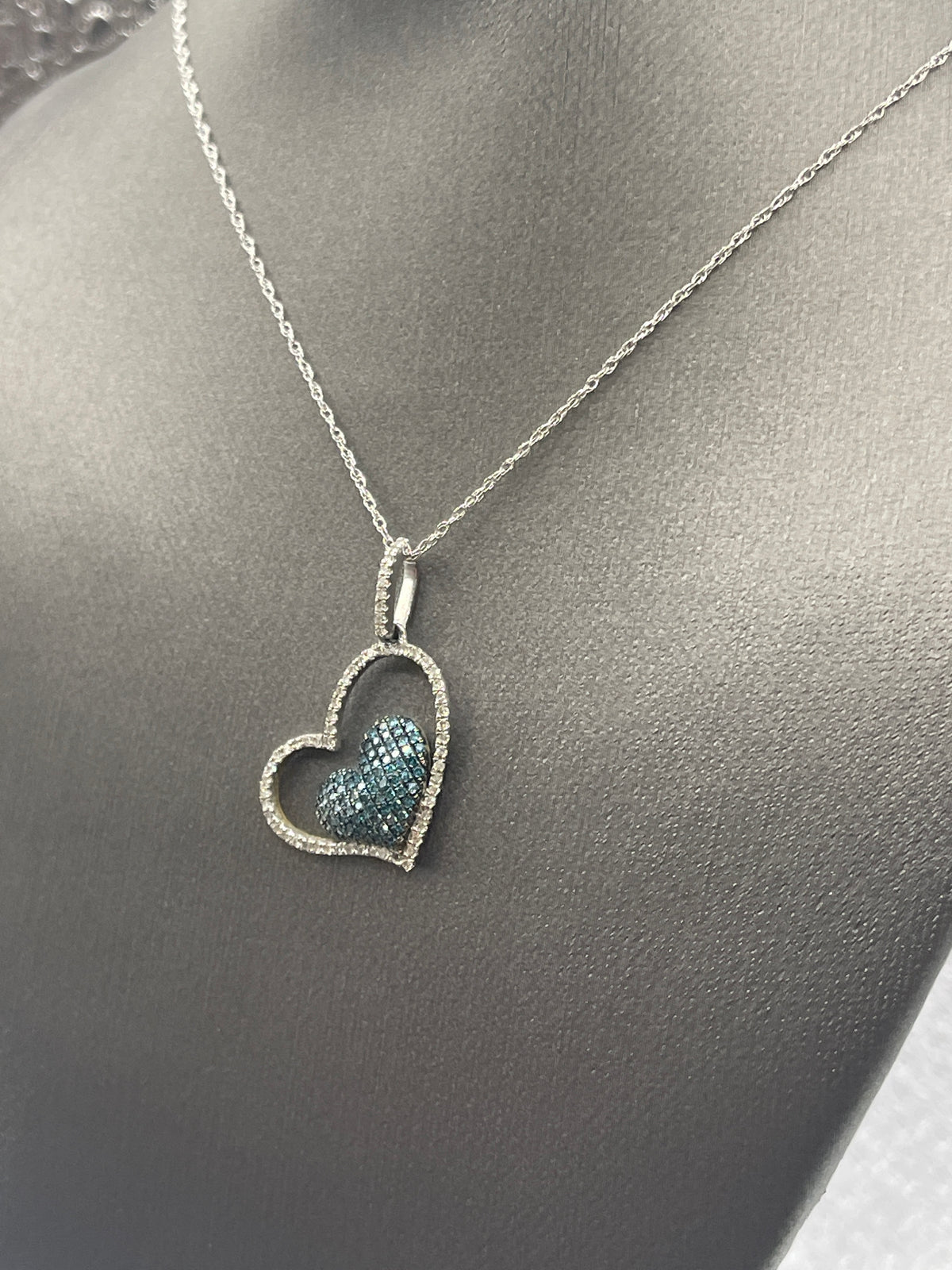 Ladies 10 Karat Solid White Gold Blue and White Diamond Heart Necklace