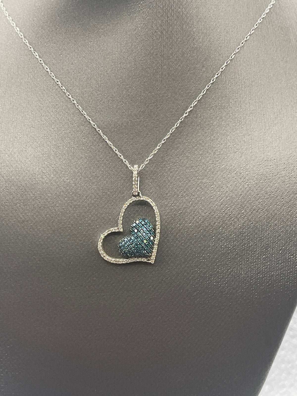 Ladies 10 Karat Solid White Gold Blue and White Diamond Heart Necklace