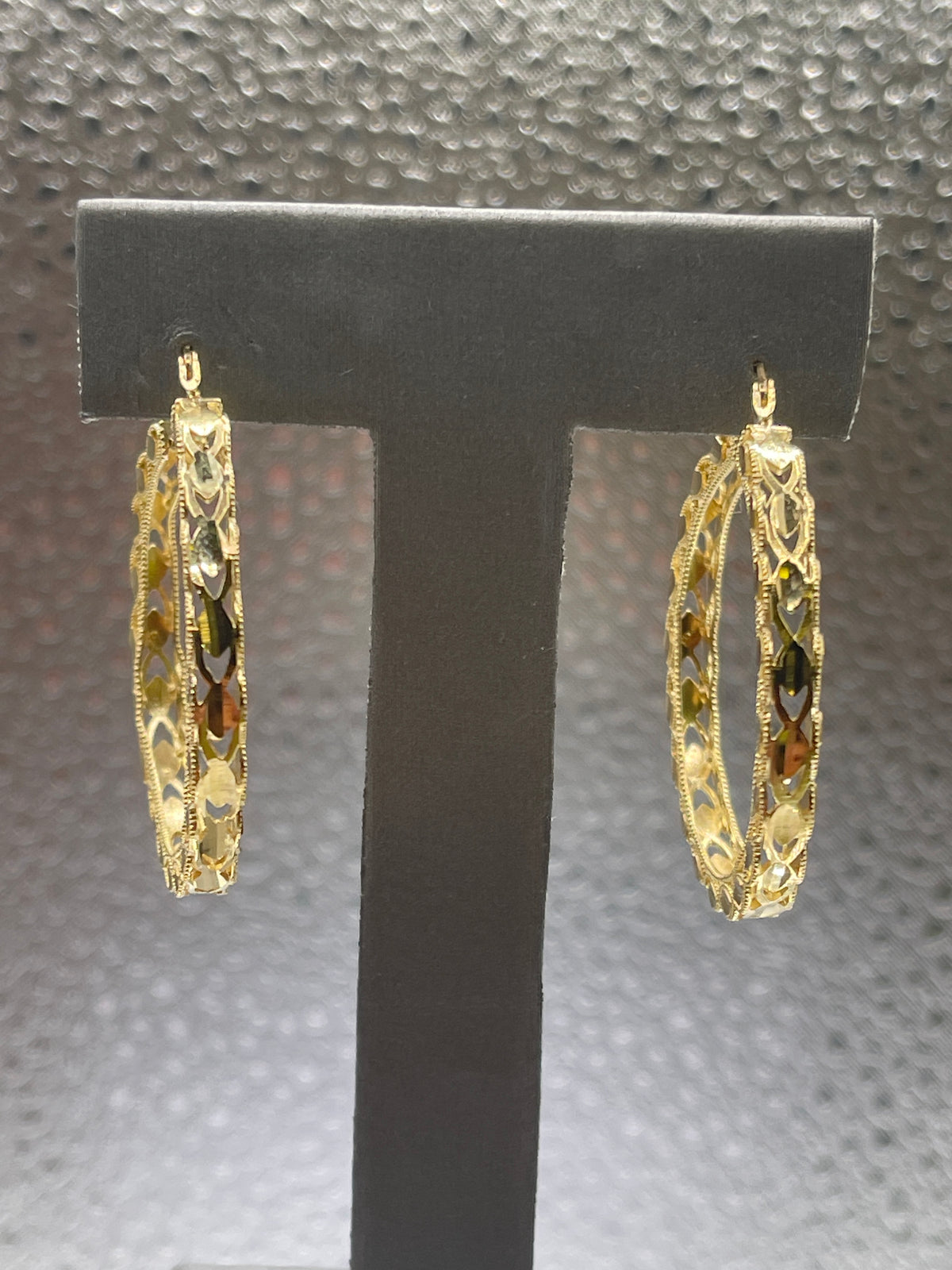 Ladies 10 Karat Solid Yellow Gold Fancy Engraved Hoop Earrings